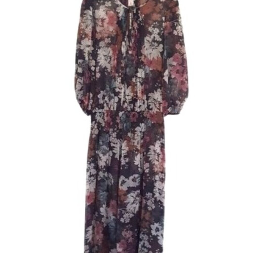 Sundance Silk Floral Maxi Dress with slip Romantic Boho Chic Long Sleeve Peasant